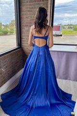 a line spaghetti straps royal blue long prom dress with beading