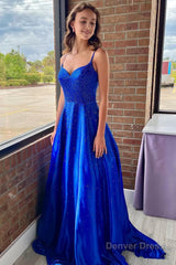 a line spaghetti straps royal blue long prom dress with beading