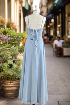 A Line Spaghetti Straps Ruched Long Chiffon Bridesmaid Dresses with Slit
