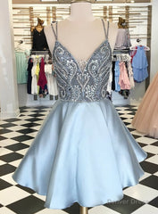 A Line Spaghetti Straps Satin Backless Homecoming Dress With Pocket