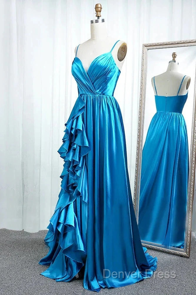 A Line Spaghetti Straps  Satin Prom Dresses With Slit And Flounced