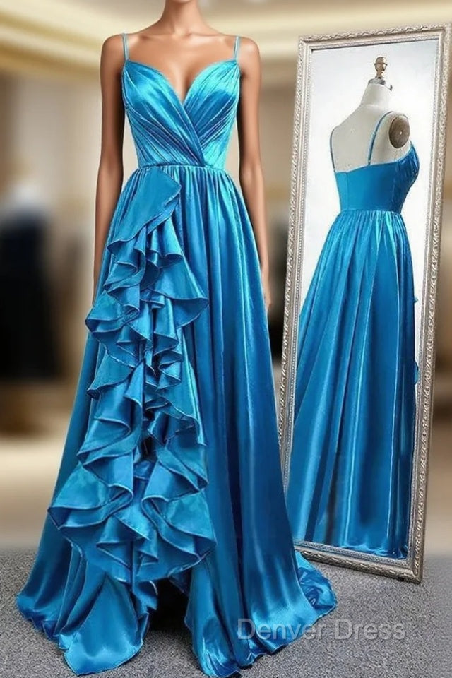 A Line Spaghetti Straps  Satin Prom Dresses With Slit And Flounced