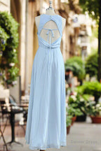 A Line Spaghetti Straps Sky Blue Chiffon Long Bridesmaid Dresses