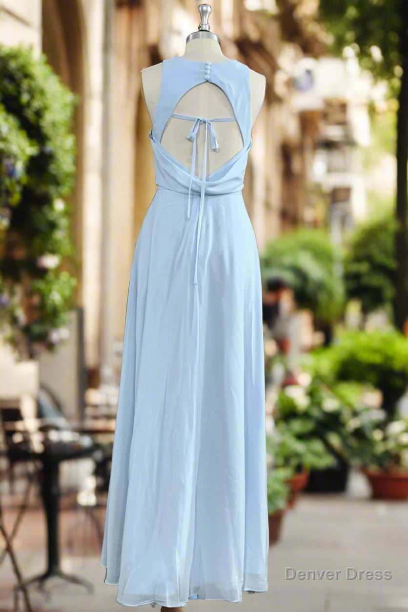 A Line Spaghetti Straps Sky Blue Chiffon Long Bridesmaid Dresses
