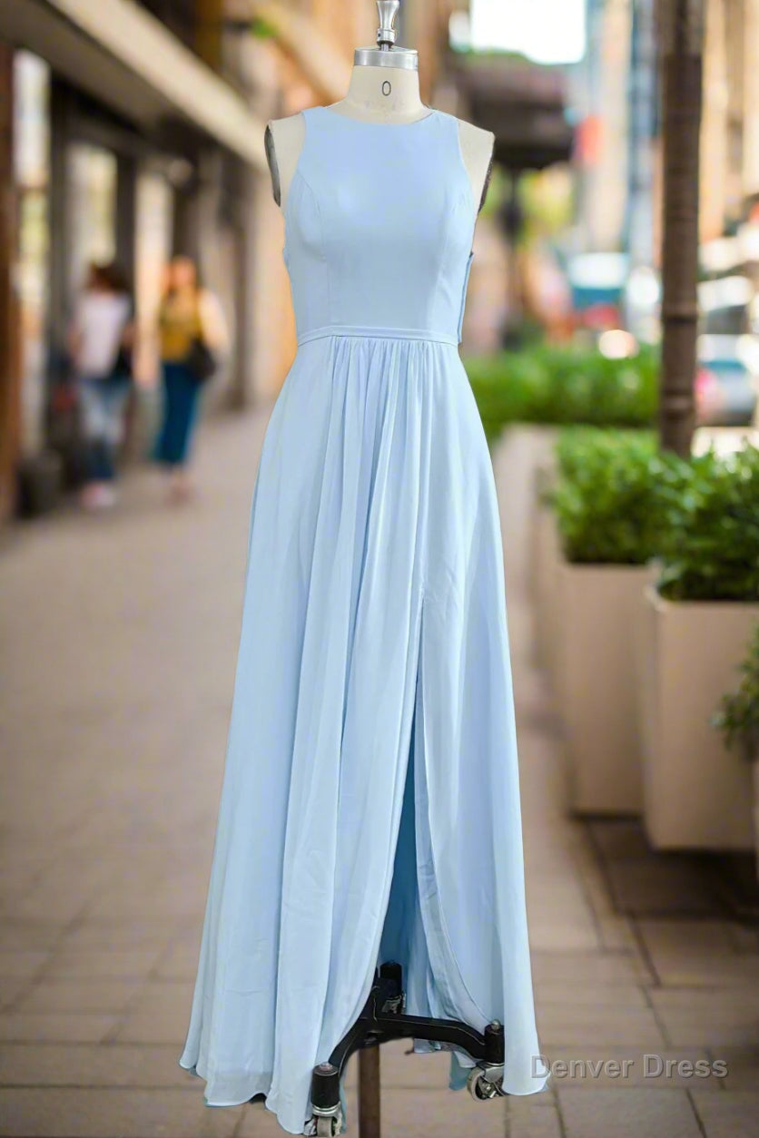 A Line Spaghetti Straps Sky Blue Chiffon Long Bridesmaid Dresses Main image