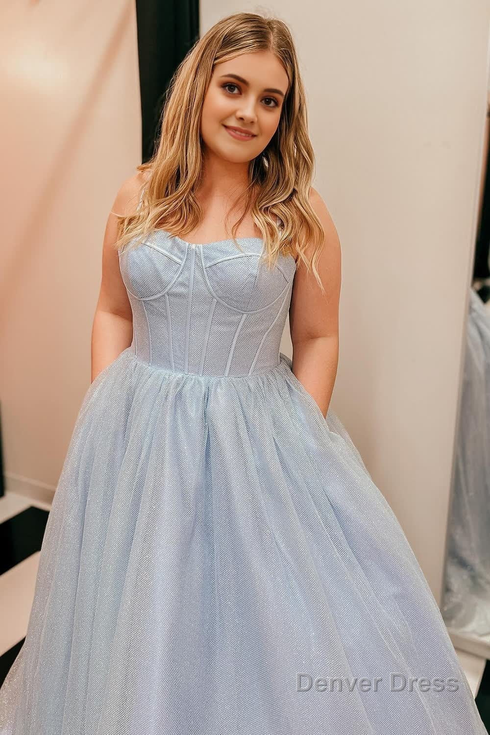 A Line Spaghetti Straps Sky Blue Long Prom Dresses Main image