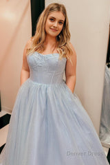 a line spaghetti straps sky blue long prom dress