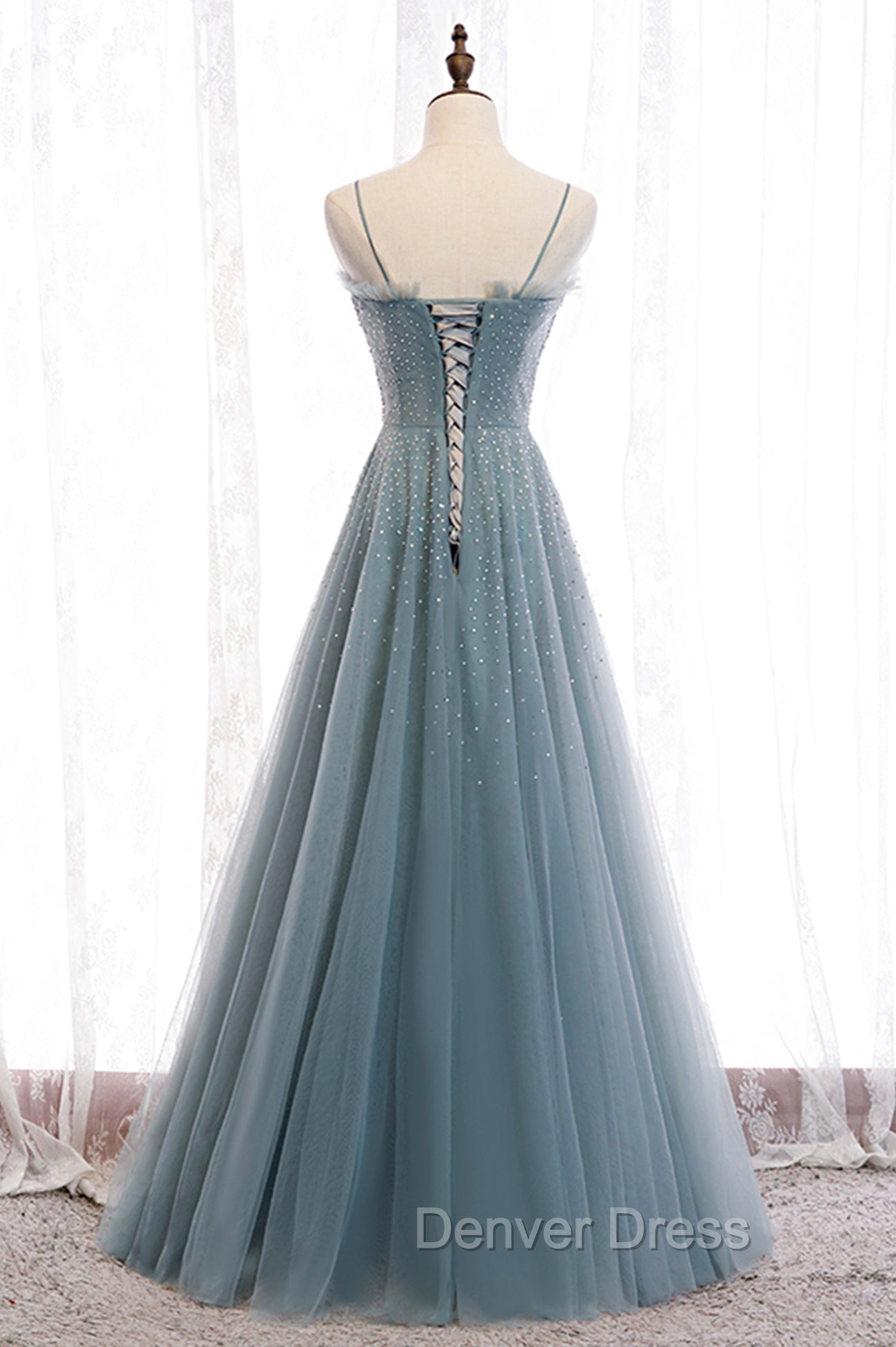 A-Line Spaghetti Straps Tulle Beaded Long Prom Dresses, Cute Evening Party Dresses
