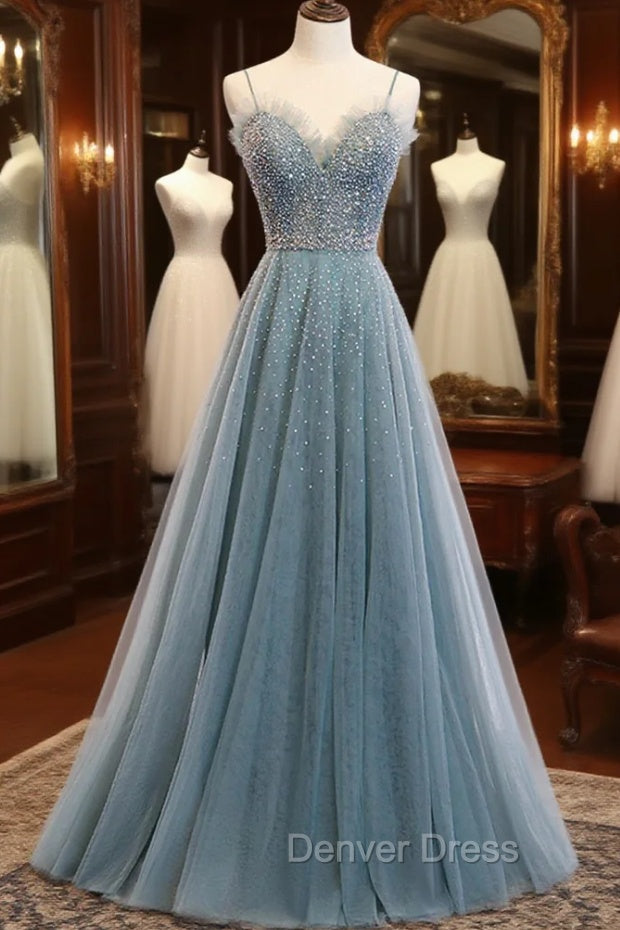 A Line Spaghetti Straps Tulle Beaded Long Prom Dress, Cute Prom Dresses