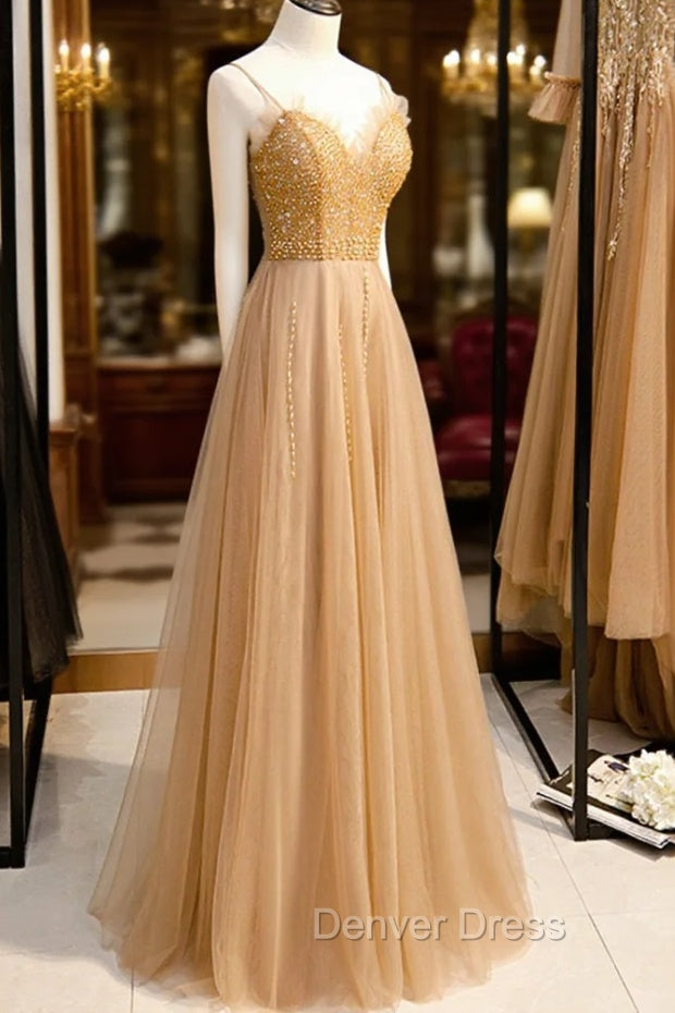 A-Line Spaghetti Straps Tulle Beaded Long Prom Dresses, Evening Party Dresses Secondary image