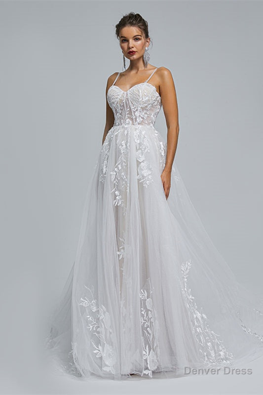 A Line Spaghetti Straps Tulle Decal Long Wedding Dresses