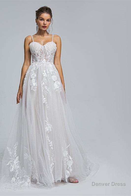 A Line Spaghetti Straps Tulle Decal Long Wedding Dresses