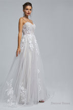 A Line Spaghetti Straps Tulle Decal Long Wedding Dresses