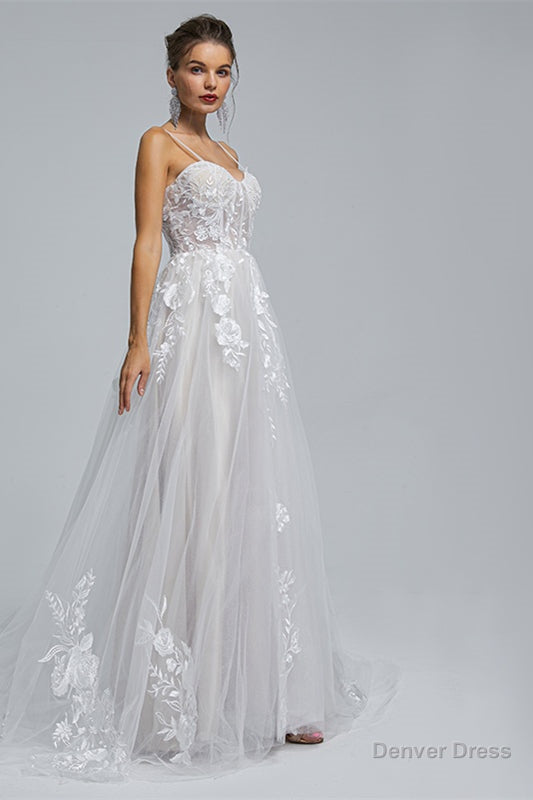 A Line Spaghetti Straps Tulle Decal Long Wedding Dresses
