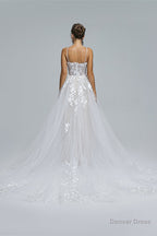 A Line Spaghetti Straps Tulle Decal Long Wedding Dresses