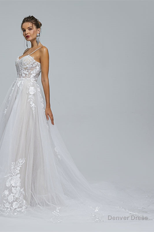A Line Spaghetti Straps Tulle Decal Long Wedding Dresses