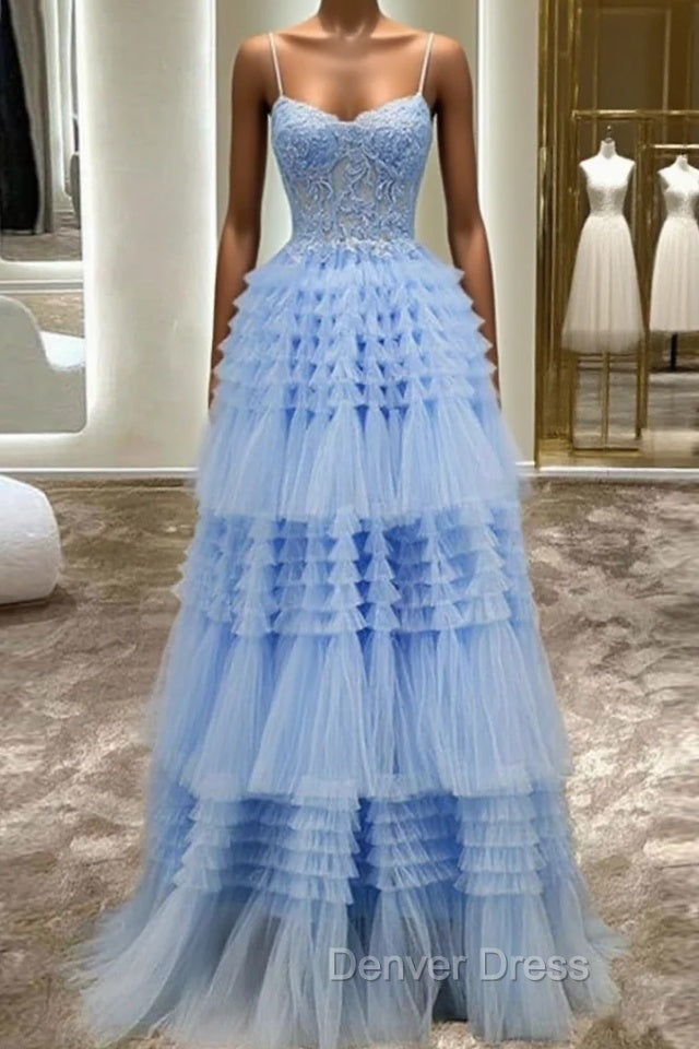 A-Line Spaghetti Straps Tulle Long Prom Dresses Main image