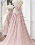 A Line Spaghetti Straps Tulle Prom Dresses with Appliques