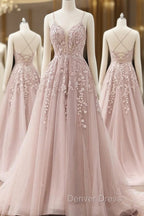 A-line Spaghetti Straps Tulle Prom Dresses with Appliques