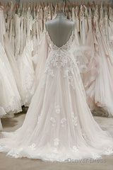 A Line Spaghetti Straps Tulle Wedding Dresses Appliqued Bridal Dresses