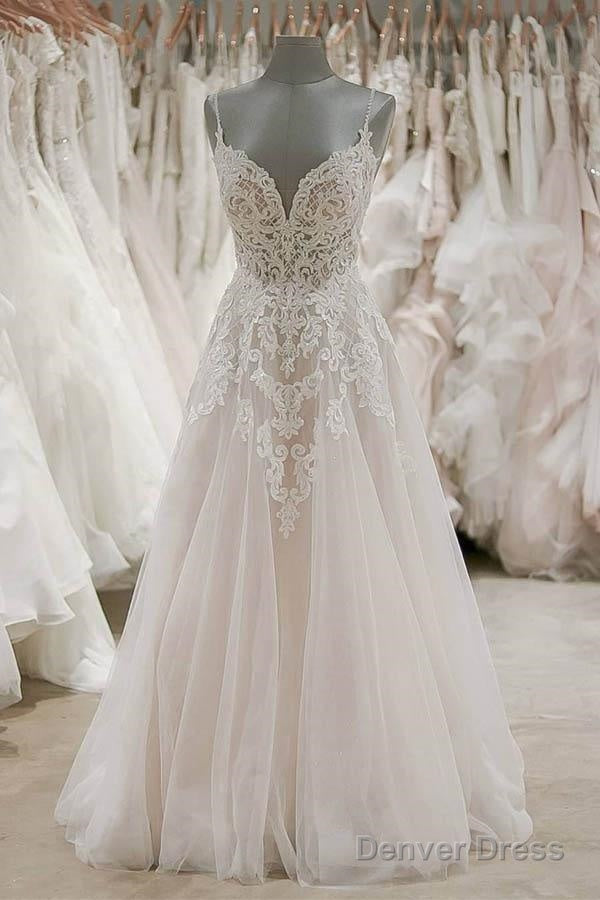 A Line Spaghetti Straps Tulle Wedding Dresses Appliqued Bridal Dresses Main image