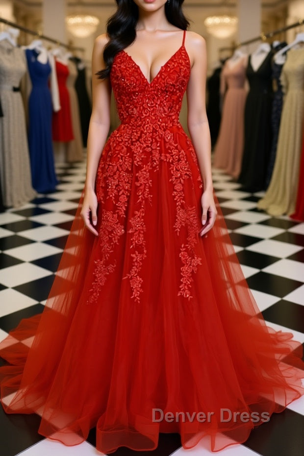 A Line Spaghetti Straps V Neck Red Lace Long Prom Dress, Red Lace Prom Dress, Red Prom Dresses Main image