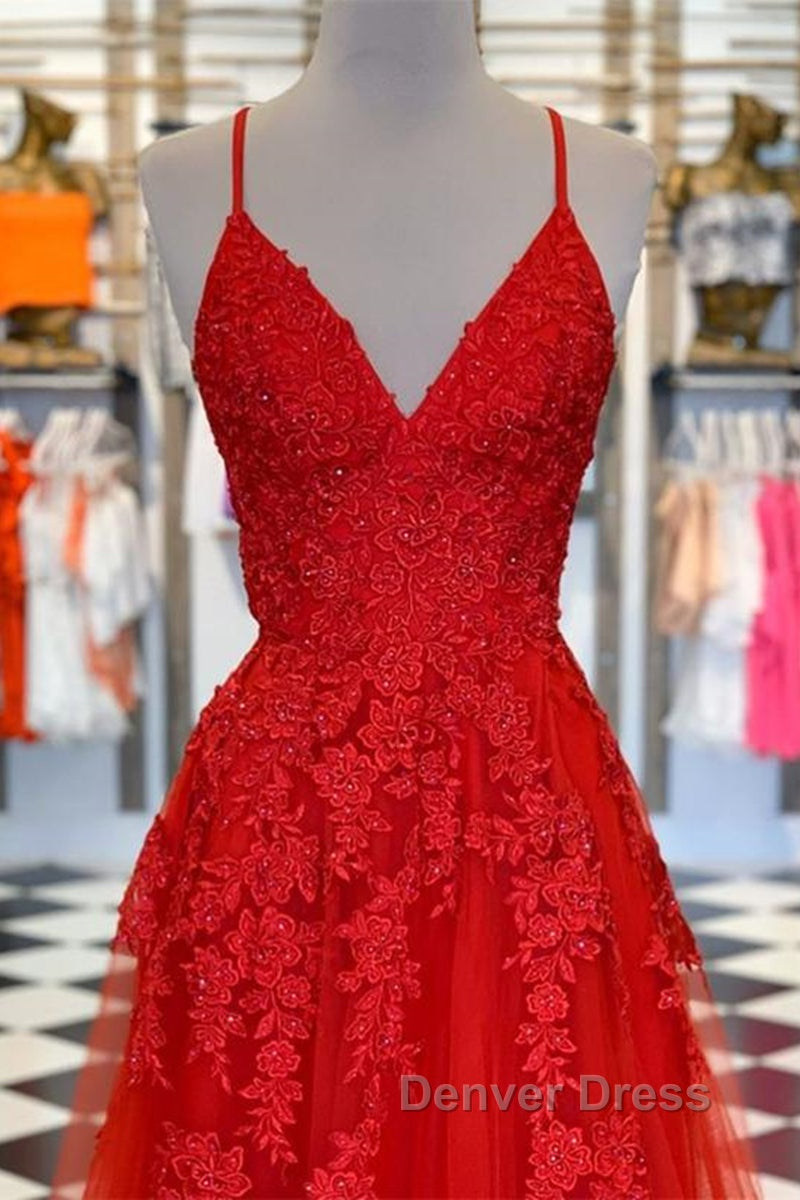 A Line Spaghetti Straps V Neck Red Lace Long Prom Dress, Red Lace Prom Dress, Red Prom Dresses