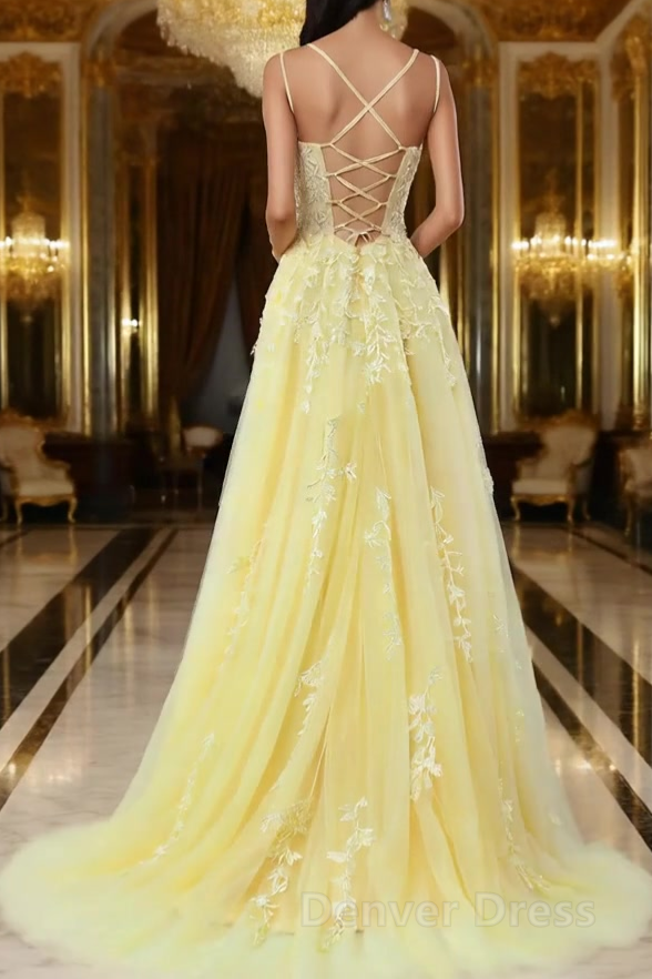 A-Line Spaghetti Straps Yellow Prom Dresses Long With Appliques Pretty Dresses Secondary image
