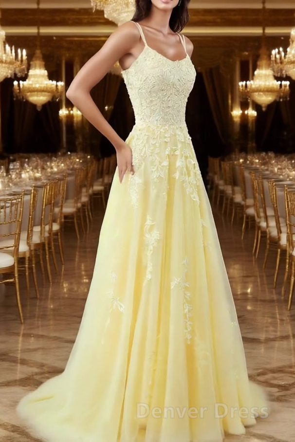 A-Line Spaghetti Straps Yellow Prom Dresses Long With Appliques Pretty Dresses Main image