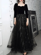 A-Line Sparkle Elegant Prom Formal Evening Dress Square Neck Sweetheart Neckline Long Sleeve Floor Length Tulle Velvet With Pleats Sequin