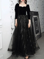 A Line Sparkle Elegant Prom Dresses Square Neck Sweetheart Neckline Long Sleeve Floor Length Tulle Velvet With Pleats Sequin