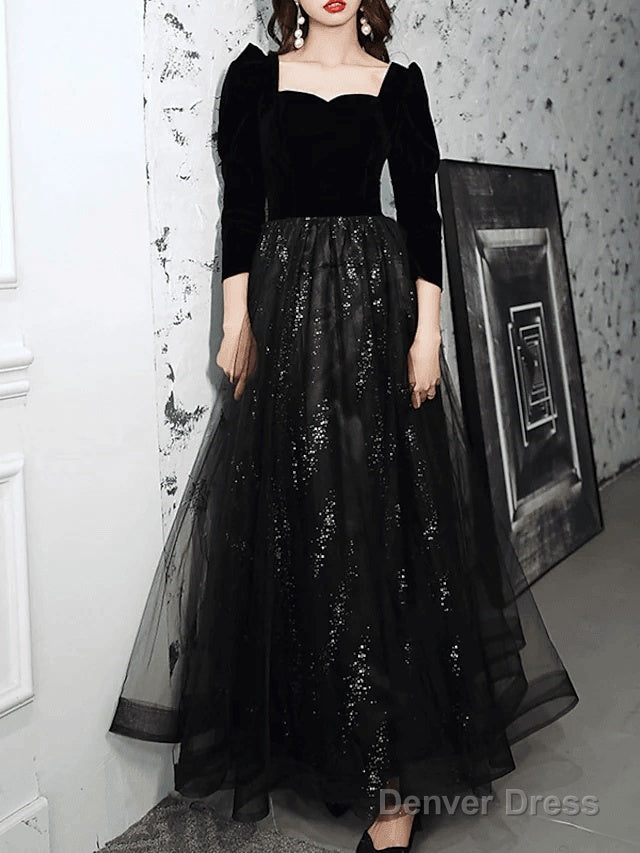 A Line Sparkle Elegant Prom Dresses Square Neck Sweetheart Neckline Long Sleeve Floor Length Tulle Velvet With Pleats Sequin