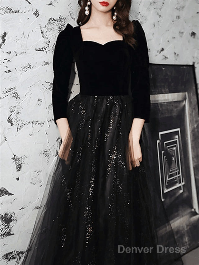 A Line Sparkle Elegant Prom Dresses Square Neck Sweetheart Neckline Long Sleeve Floor Length Tulle Velvet With Pleats Sequin