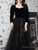 A-Line Sparkle Elegant Prom Formal Evening Dress Square Neck Sweetheart Neckline Long Sleeve Floor Length Tulle Velvet With Pleats Sequin