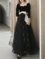 A-Line Sparkle Elegant Prom Formal Evening Dress Square Neck Sweetheart Neckline Long Sleeve Floor Length Tulle Velvet With Pleats Sequin