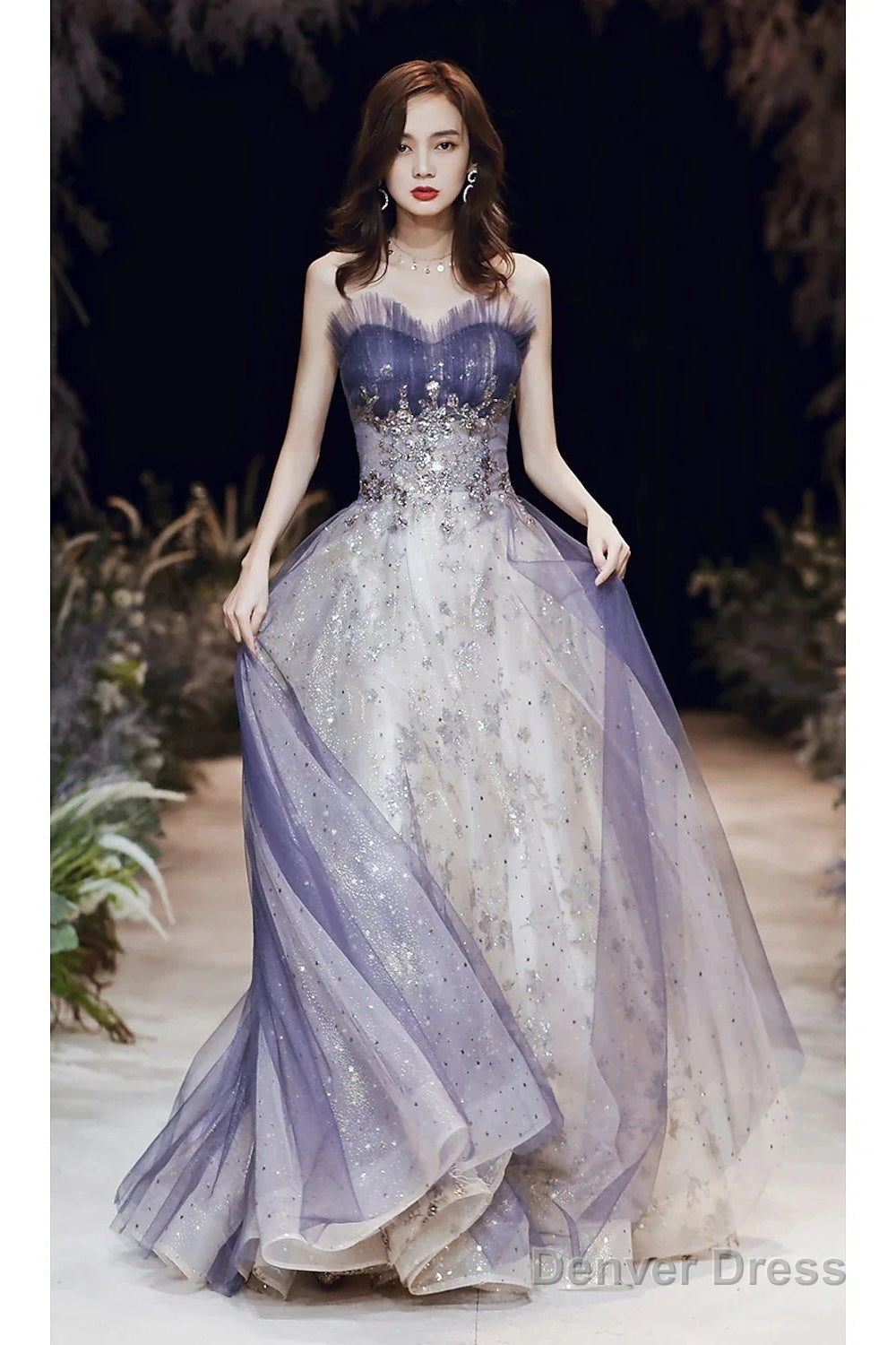 A-Line Sparkle Elegant Wedding Guest Prom Formal Evening Dress Strapless Sleeveless Floor Length Satin With Main image