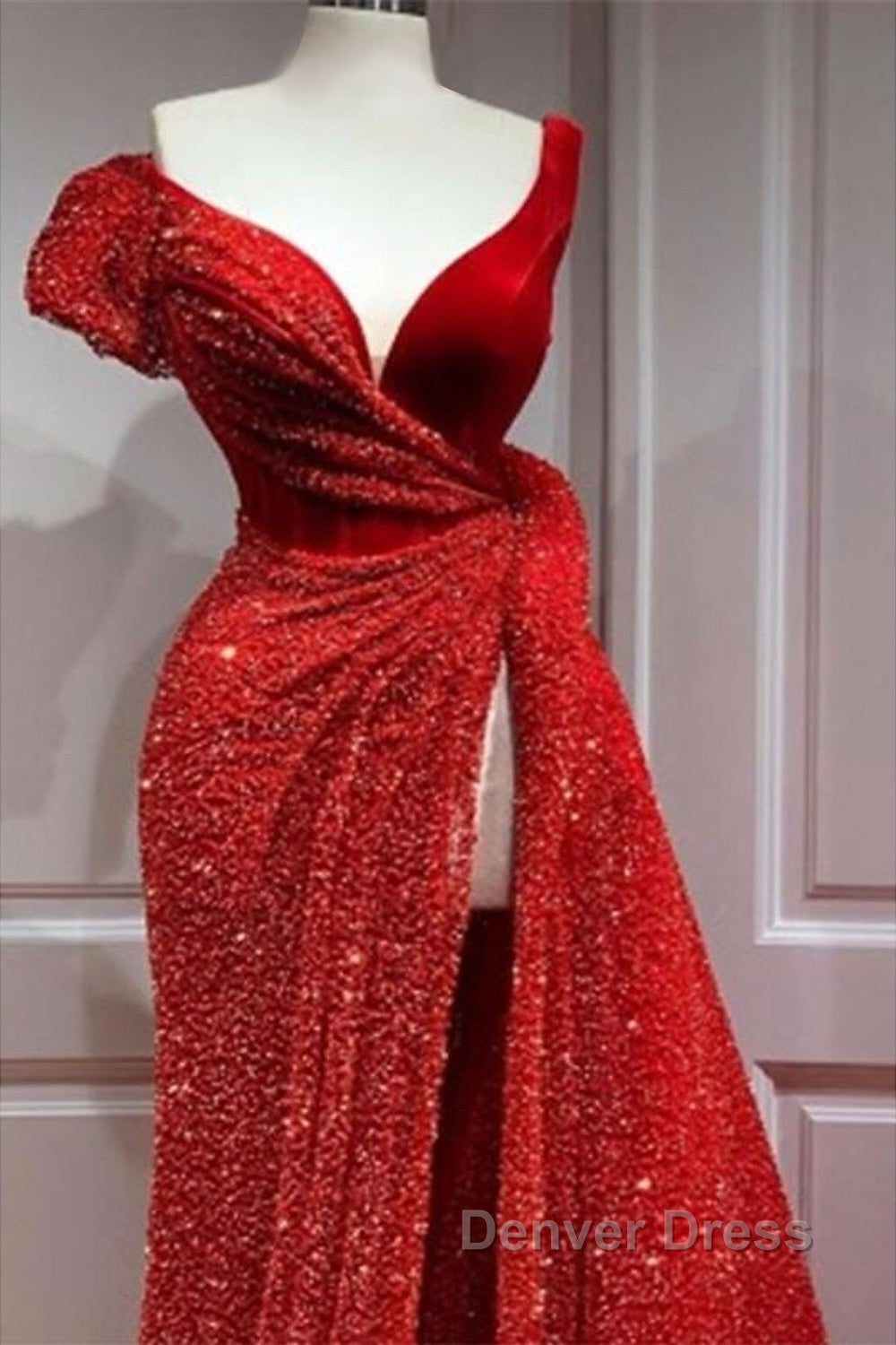 A-Line Sparkle & Shine High Split Prom Formal Evening Dresses V Neck Short Sleeve Court Train Satin With Sequin Slit Secondary image