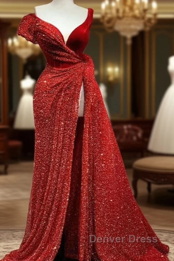 A Line Sparkle & Shine High Split Prom Dresses V Neck Short Sleeve Court Train Satin With Sequin Slit Main image