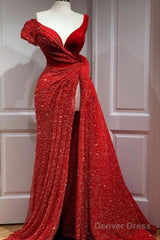 A-Line Sparkle & Shine High Split Prom Formal Evening Dress V Neck Short Sleeve Court Train Satin With Sequin Slit
