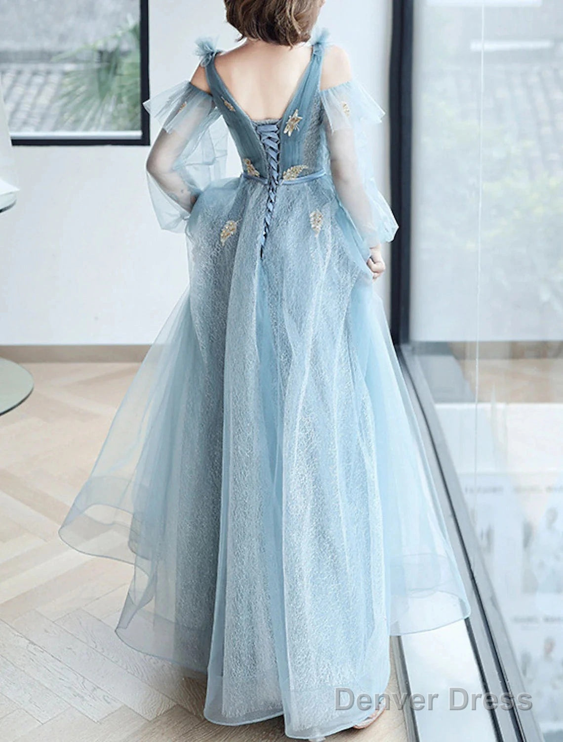 A Line Sparkle & Shine Puffy Prom Dresses V Neck Long Sleeve Floor Length Polyester With Sequin Butterfly Secondary image