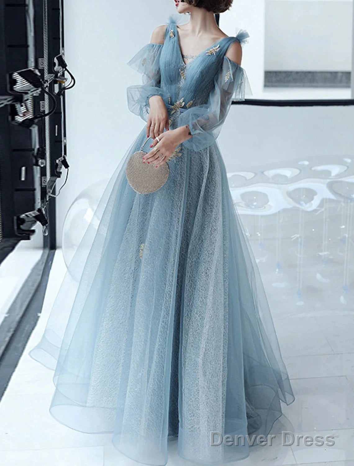 A Line Sparkle & Shine Puffy Prom Dresses V Neck Long Sleeve Floor Length Polyester With Sequin Butterfly Main image