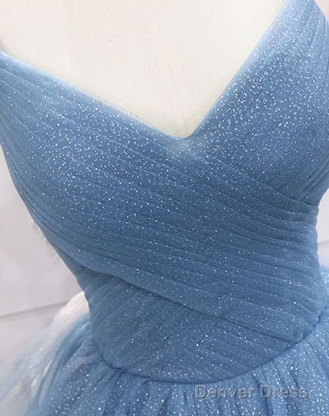 A Line Sparkly Blue Prom Dress Tulle Prom Dresses Spaghetti Straps