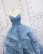 A Line Sparkly Blue Prom Dress Tulle Prom Dresses Spaghetti Straps