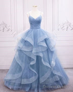 A Line Sparkly Blue Prom Dress Tulle Prom Dresses Spaghetti Straps