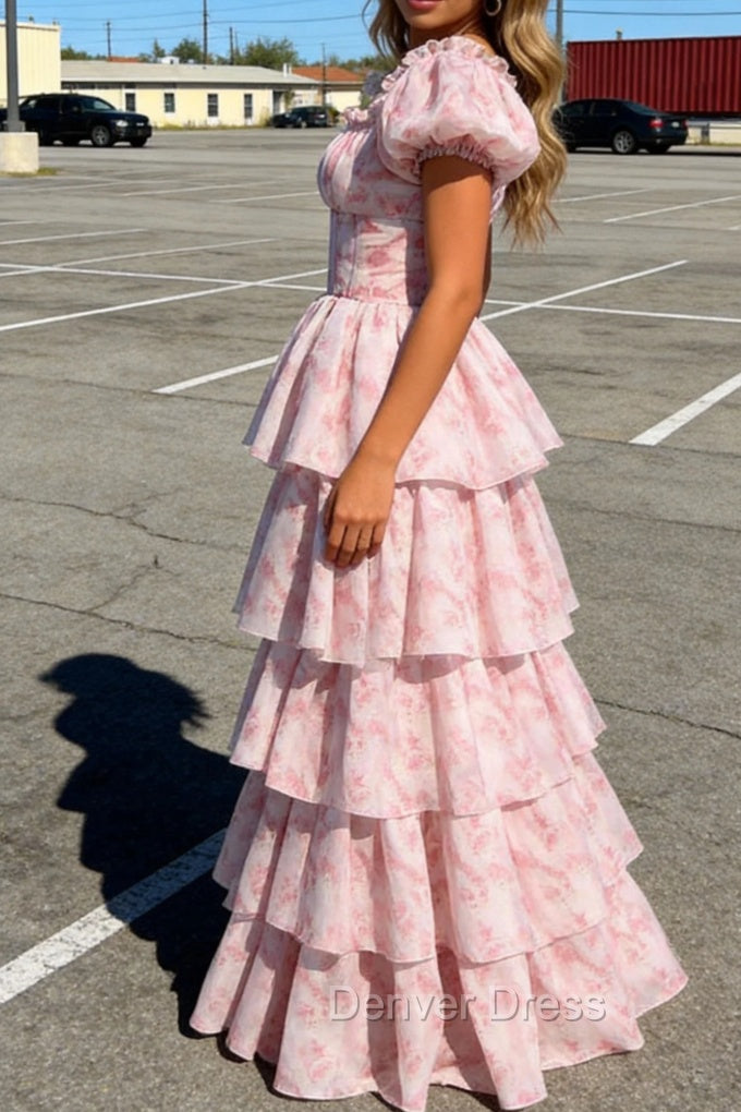A Line Square Neck Blush Pink Tiered Prom Dress with Ruffles