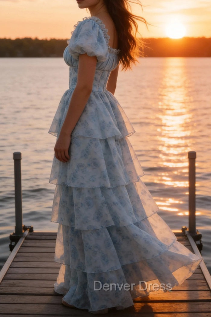 A Line Square Neck Light Blue Tiered Prom Dress with Ruffles