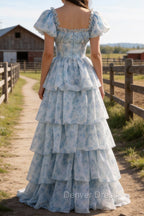 A Line Square Neck Light Blue Tiered Prom Dress with Ruffles