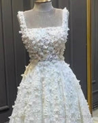 A-Line Square Neck Satin Wedding Dress With 3D Flwoers