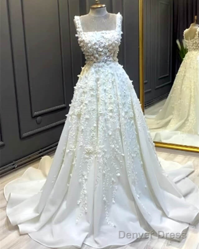 A Line Square Neck Satin Wedding Dresses With 3D Flwoers Main image