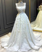A Line Square Neck Satin Wedding Dresses With 3D Flwoers